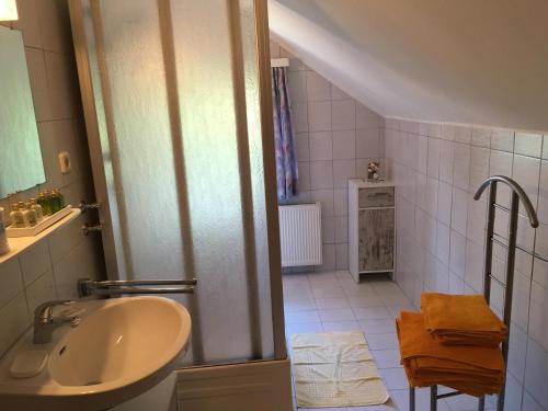 巴德伊舍Villa Stadlmann的一间带水槽和淋浴的浴室