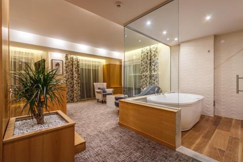 特雷比涅贝尔维尤酒店的带浴缸和植物的大浴室