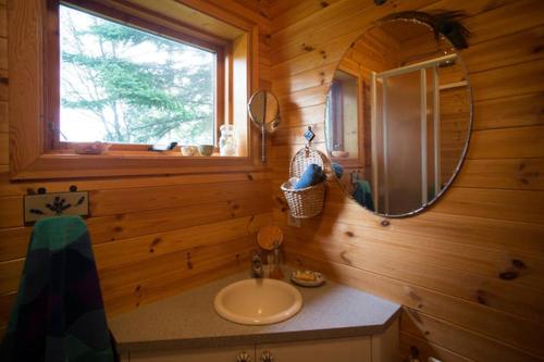 惠拉盖尔济Beautiful Cottage in Hveragerdi的一间带水槽和镜子的浴室