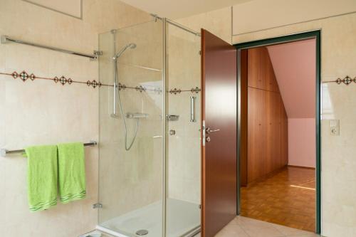 诺伊斯Privatunterkunft "An der Hecke"的浴室里设有玻璃门淋浴
