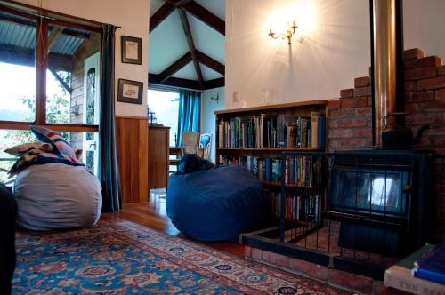 WairoaThe Cottage的客厅配有狗,坐在枕头上,壁炉旁