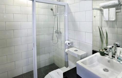 碧瑶碧瑶阿德利亚公寓酒店的带淋浴和盥洗盆的白色浴室