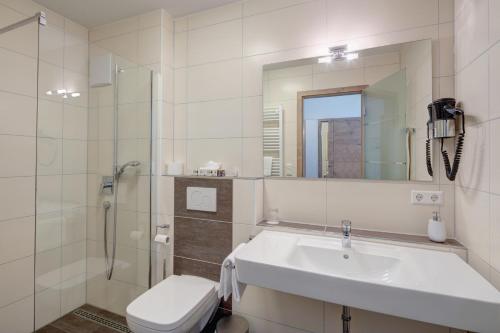 布雷茨费尔德黑恩施瓦温诺旅馆的一间带水槽、卫生间和镜子的浴室
