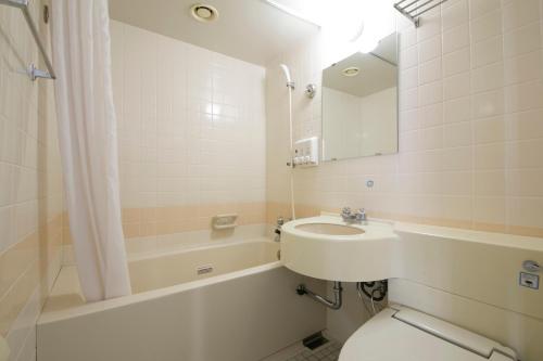 伊势市伊势市酒店的一间带水槽、卫生间和镜子的浴室