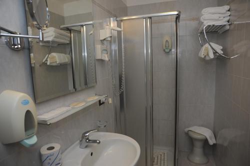 圣安德烈亚巴萨里尼酒店的带淋浴、盥洗盆和卫生间的浴室