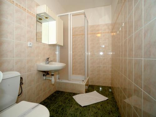 帕尔杜比采圣可帕尔杜比采旅馆的带淋浴、卫生间和盥洗盆的浴室