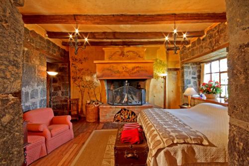 Lasso圣奥古斯丁德卡罗酒店的一间卧室设有一张大床和一个壁炉