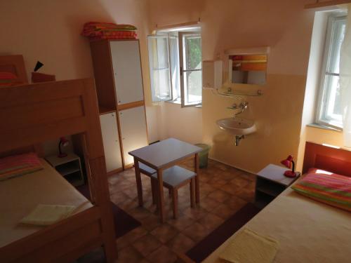 大洛希尼HI Hostel Veli Losinj的小房间,配有床和水槽