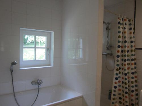 Court-Saint-ÉtienneMaison De Blanche Neige的一间带浴缸和淋浴的浴室,并设有一个窗户