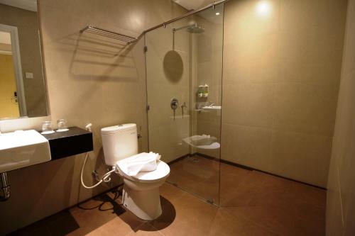 井里汶井里汶芬酒店的一间带卫生间和玻璃淋浴间的浴室