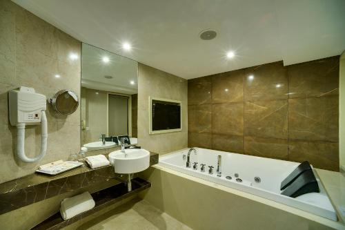孟买瑞梅哈尔南酒店的带浴缸、水槽和浴缸的浴室