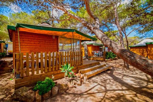 埃斯卡纳卡拉诺瓦露营酒店的小木屋前面设有长凳