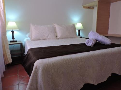 莱瓦镇Apartahotel La Gran Familia的一间卧室配有一张大床和两个枕头