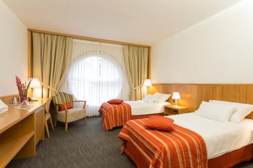 伊德里亚约瑟夫酒店的酒店客房配有两张床和一张书桌