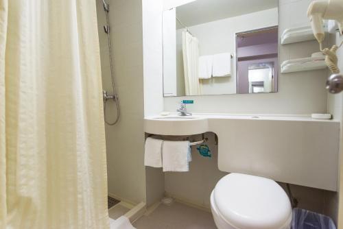 拉萨锦江之星拉萨布达拉宫景观酒店的一间带卫生间、水槽和镜子的浴室