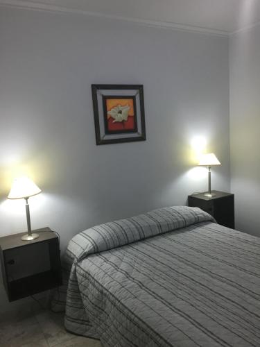 科隆Apartamento Los Abuelos Calle Peron的一间卧室配有一张床和两张带台灯的桌子。