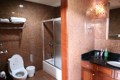 布鲁克林Phoenix Hotel Brooklyn Sunset Park的带淋浴、卫生间和盥洗盆的浴室