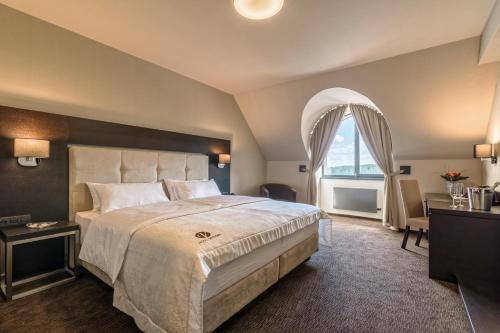 布尔诺胜利酒店的一间卧室设有一张大床和一个窗户。