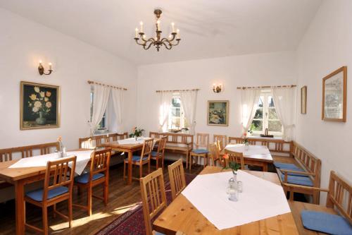 格拉茨Stoffbauer GmbH的一间带桌椅和吊灯的用餐室