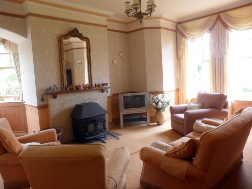 布罗姆亚德Littlebridge House的带沙发、壁炉和电视的客厅