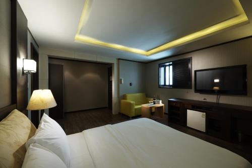 首尔驿三贵族酒店的配有一张床和一台平面电视的酒店客房