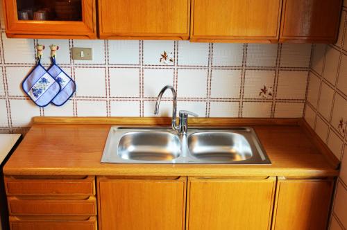 滕诺Casa Furletti Holiday Home的厨房配有不锈钢盥洗盆和木柜