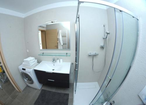 里耶卡Apartment Livingstone的浴室配有盥洗盆和带镜子的淋浴