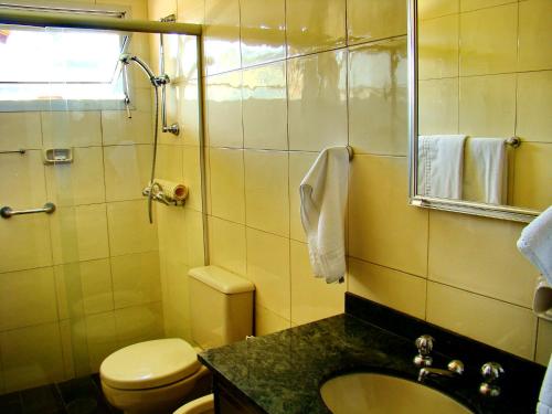 坎波斯杜若尔当Hotel Sagres的一间带卫生间、水槽和镜子的浴室