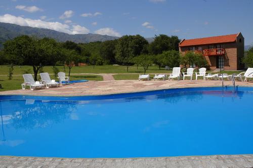 梅洛Campo Las Tinajas的一座带椅子的大型蓝色游泳池和一座建筑