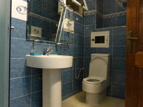 萨利波图尔Villa Savana的蓝色瓷砖浴室设有卫生间和水槽