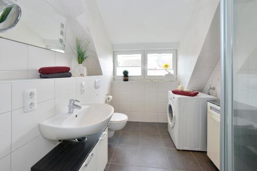 布雷格Ferienhaus Boddenblick的白色的浴室设有水槽和卫生间。