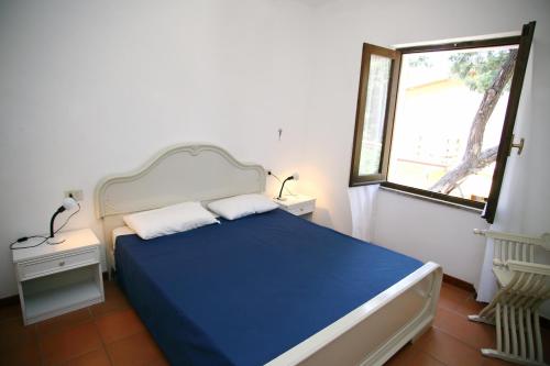 罗萨岛迪默黛尔伊索拉罗萨公寓的一间卧室设有蓝色的床和窗户。