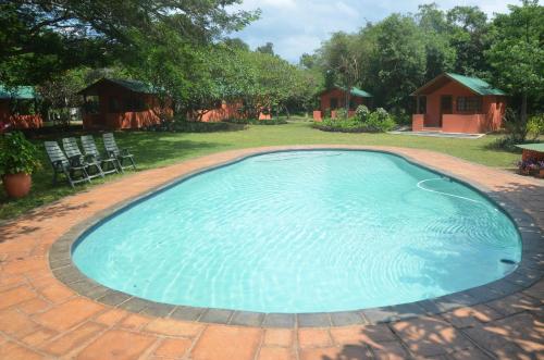 赫卢赫卢韦Bushbaby Lodge & Camping的庭院里带椅子的大型蓝色游泳池