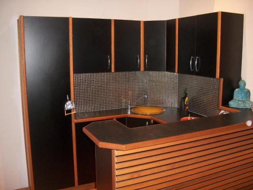 阿格奈什沃特森林小屋：巴厘风情酒店的厨房配有黑色橱柜和水槽