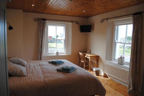 巴林托伊The Castle Bed & Breakfast的一间卧室配有床、两个窗户和一张书桌