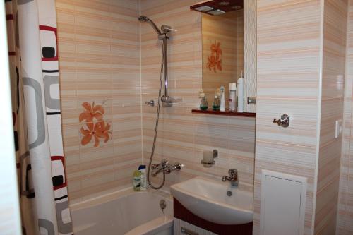 季赫温Apartments 4 Mikrorayon的带淋浴、盥洗盆和浴缸的浴室