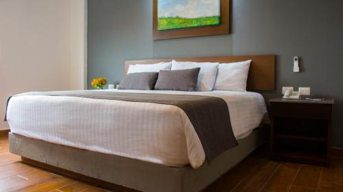 瓜达拉哈拉瓜达拉哈拉博览会生态酒店的一间卧室配有一张带白色床罩的大床