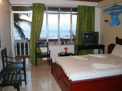 尼甘布黄玉海滩酒店的一间卧室设有一张床、一台电视和一个窗口。