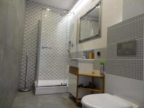 华沙OperaApart的带淋浴、卫生间和盥洗盆的浴室