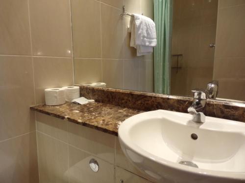 伦敦维治伍德酒店的一间带水槽和镜子的浴室