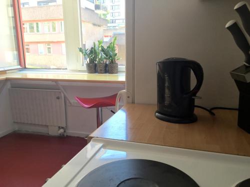 哥德堡林奈酒店的厨房的柜台上设有咖啡壶