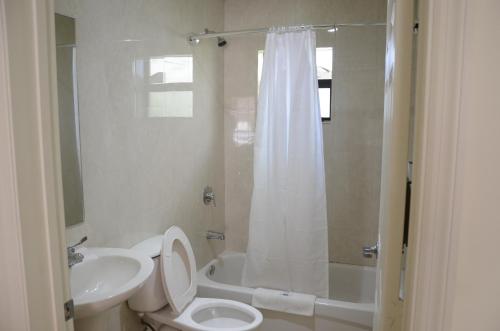 迈阿密卡尔之父汽车旅馆的浴室配有卫生间、盥洗盆和淋浴。