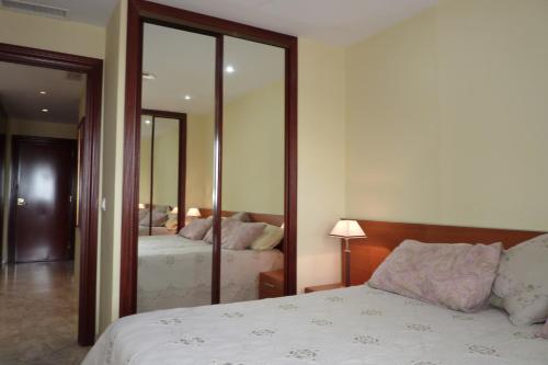 多列毛利诺斯La Nogalera 7的一间卧室设有两张床和大镜子