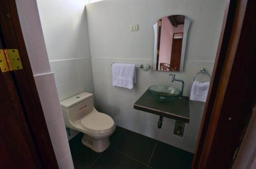 洛维托斯Mangata的一间带卫生间、水槽和镜子的浴室