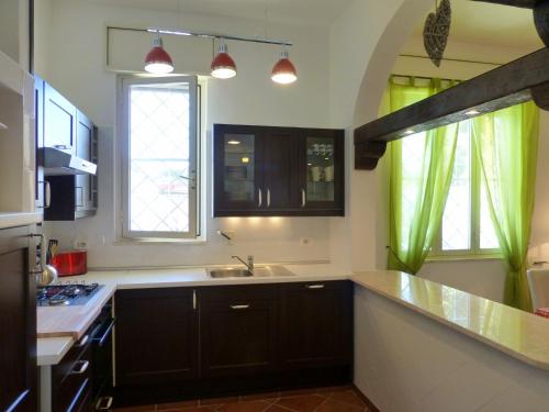 LendinusoVilla Suzannah的厨房配有黑色橱柜、水槽和2扇窗户。