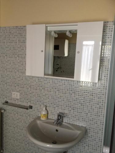 拉奎拉casetta dell'Alpino的浴室内的盥洗盆,配有镜子和镜子