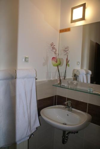 塞扎纳Hotel Prunk的浴室配有盥洗盆、镜子和毛巾