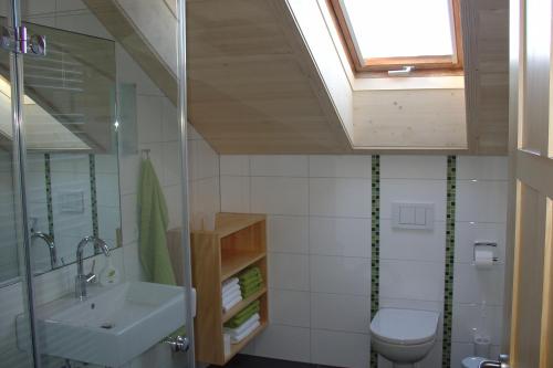 施瓦岑贝格Ferienbauernhof Schneider的一间带卫生间、水槽和窗户的浴室