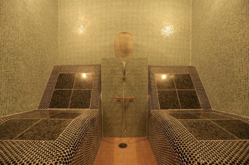 富士河口湖拉维斯塔富士河口湖度假村的一间带两个盥洗盆和淋浴的浴室