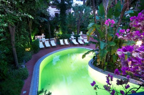 伊斯基亚维拉罗萨泰尔梅酒店的花园内的游泳池,花园内摆放着椅子和鲜花